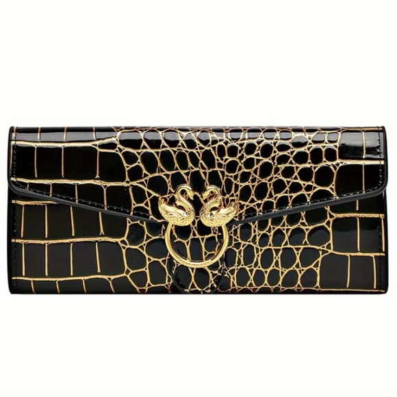 Handbags - Elegant Black Women’s Crocodile Wallet with Gold Embossed Detail and Swan NWT